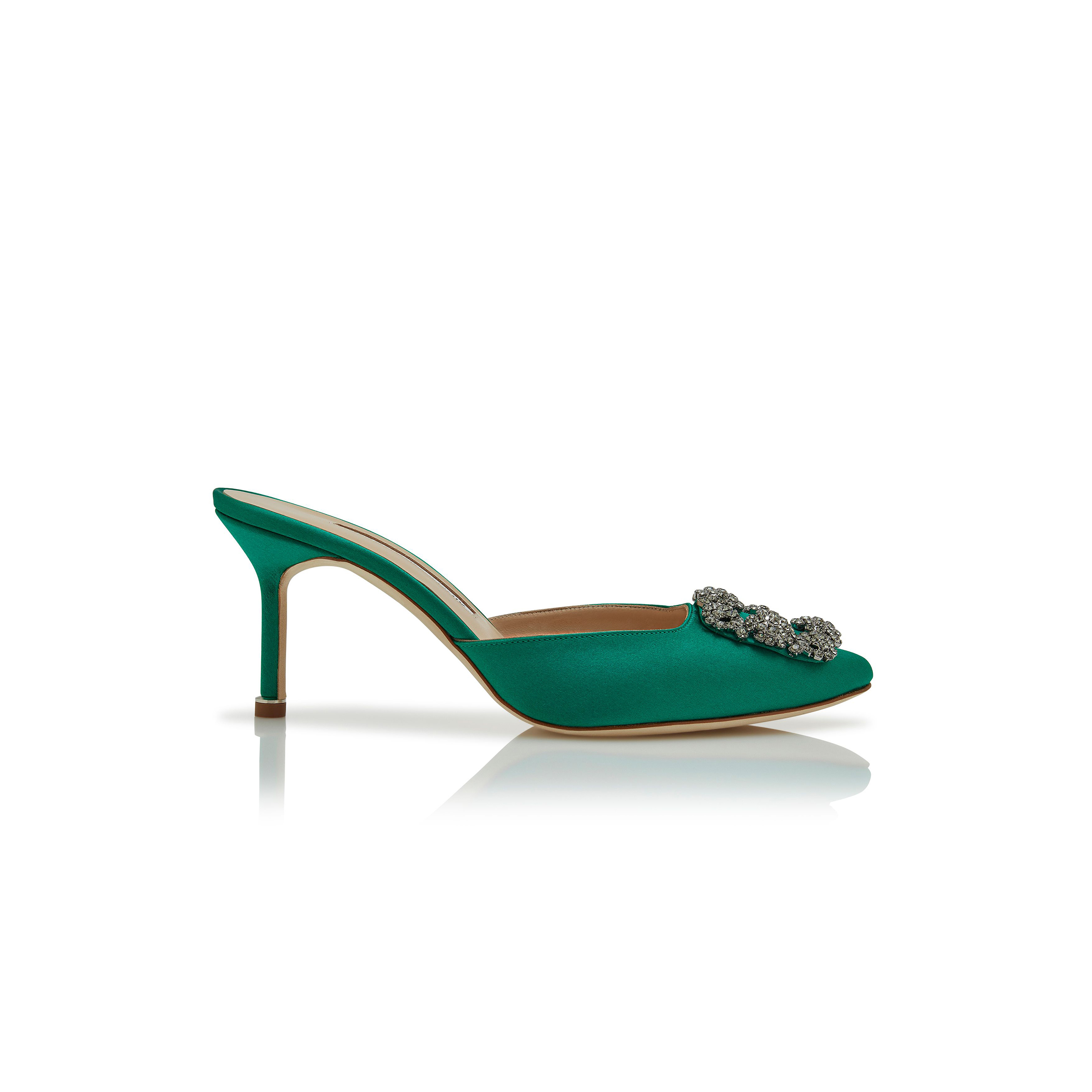 MANOLO BLAHNIK HANGISIMU GREEN SATIN JEWEL BUCKLE MULES 9XX-0726-0050